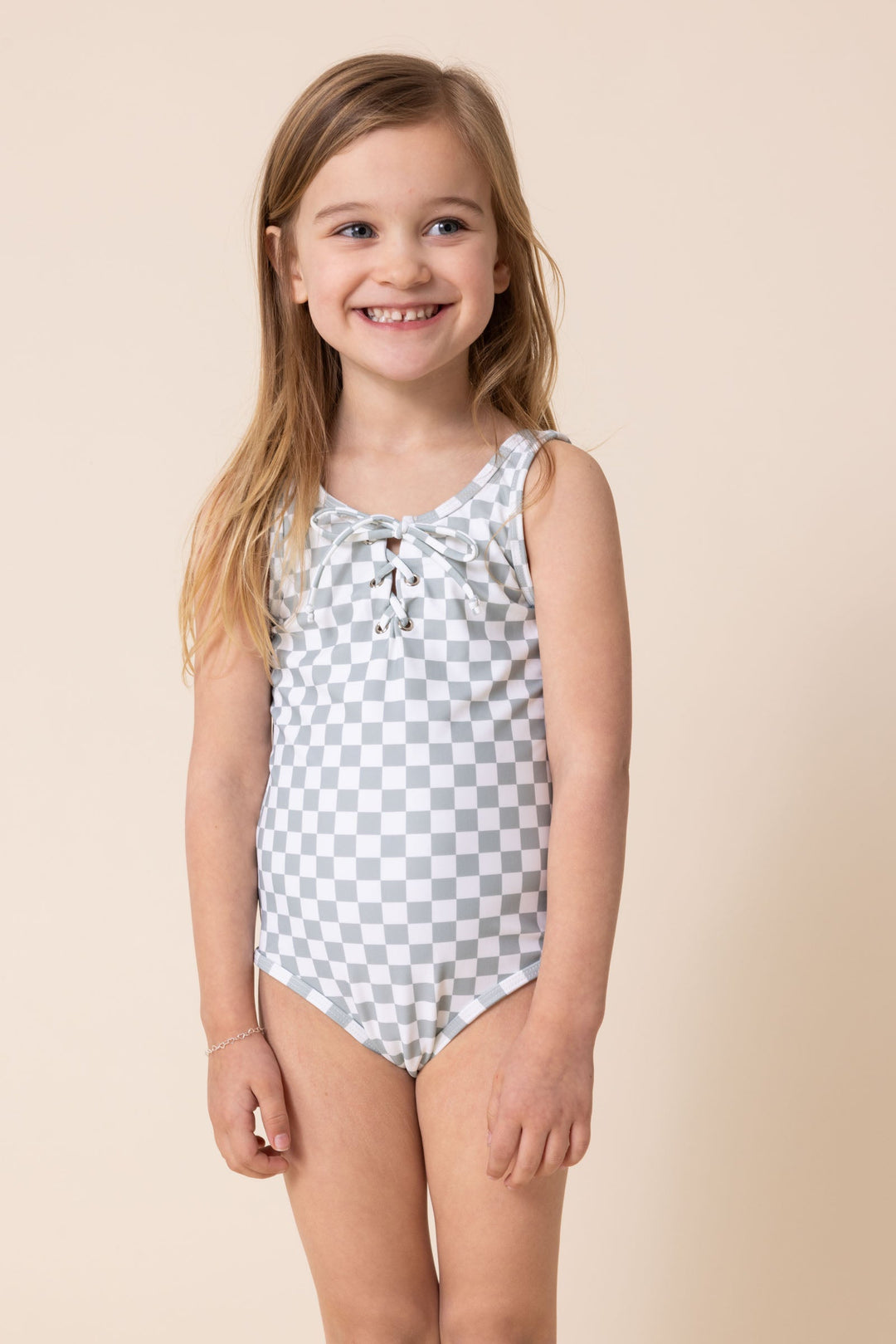 Gren Plaid Tie One Piece Girl Swimsuit