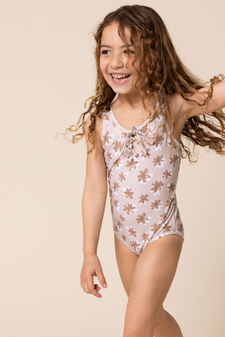 Brown Floral Print Tie One Piece Girl Swimsuit