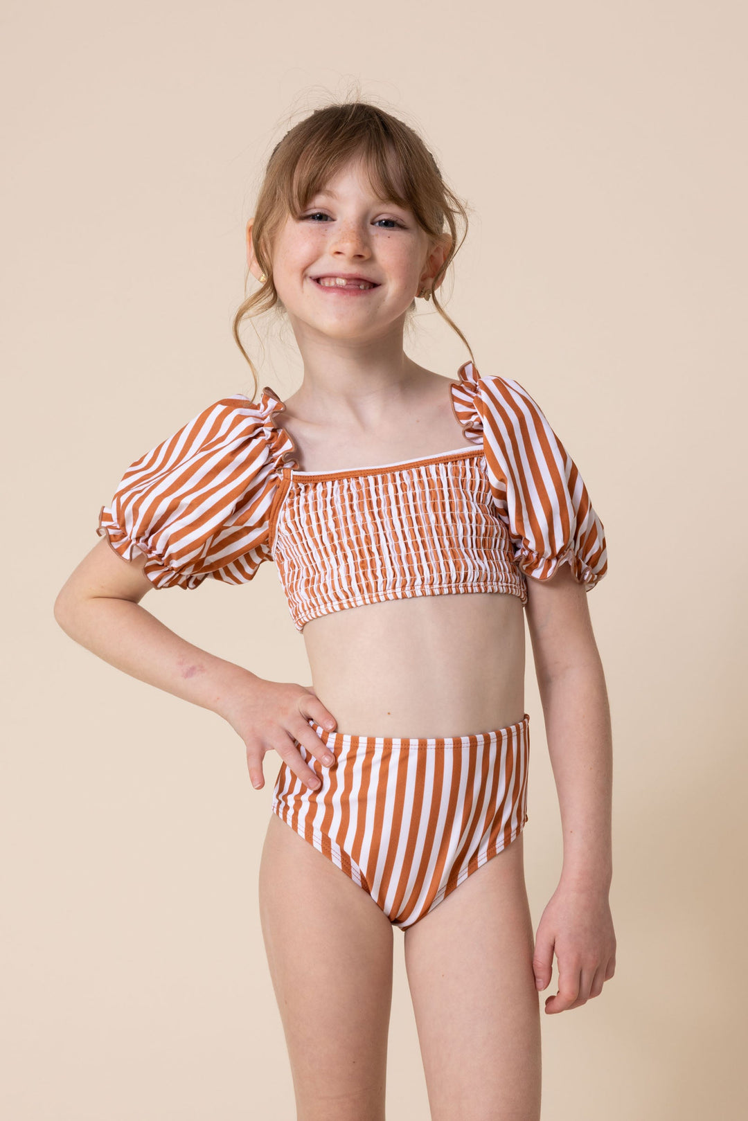 Terracotta Stripe Smocked 2pc Girl Swimsuit (size Run Small, Go Up 2-3 Sizes)