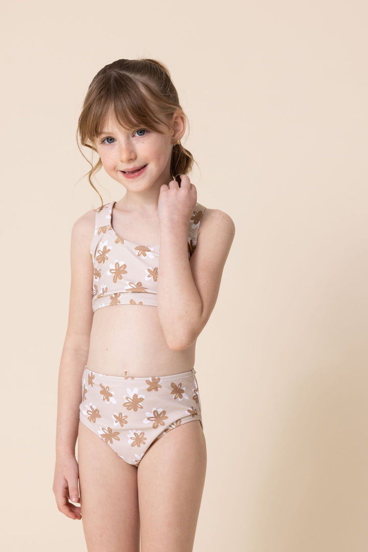 Brown & White Floral Print 2pc Girl Swimsuit (size Run Small, Go Up 2-3 Sizes)