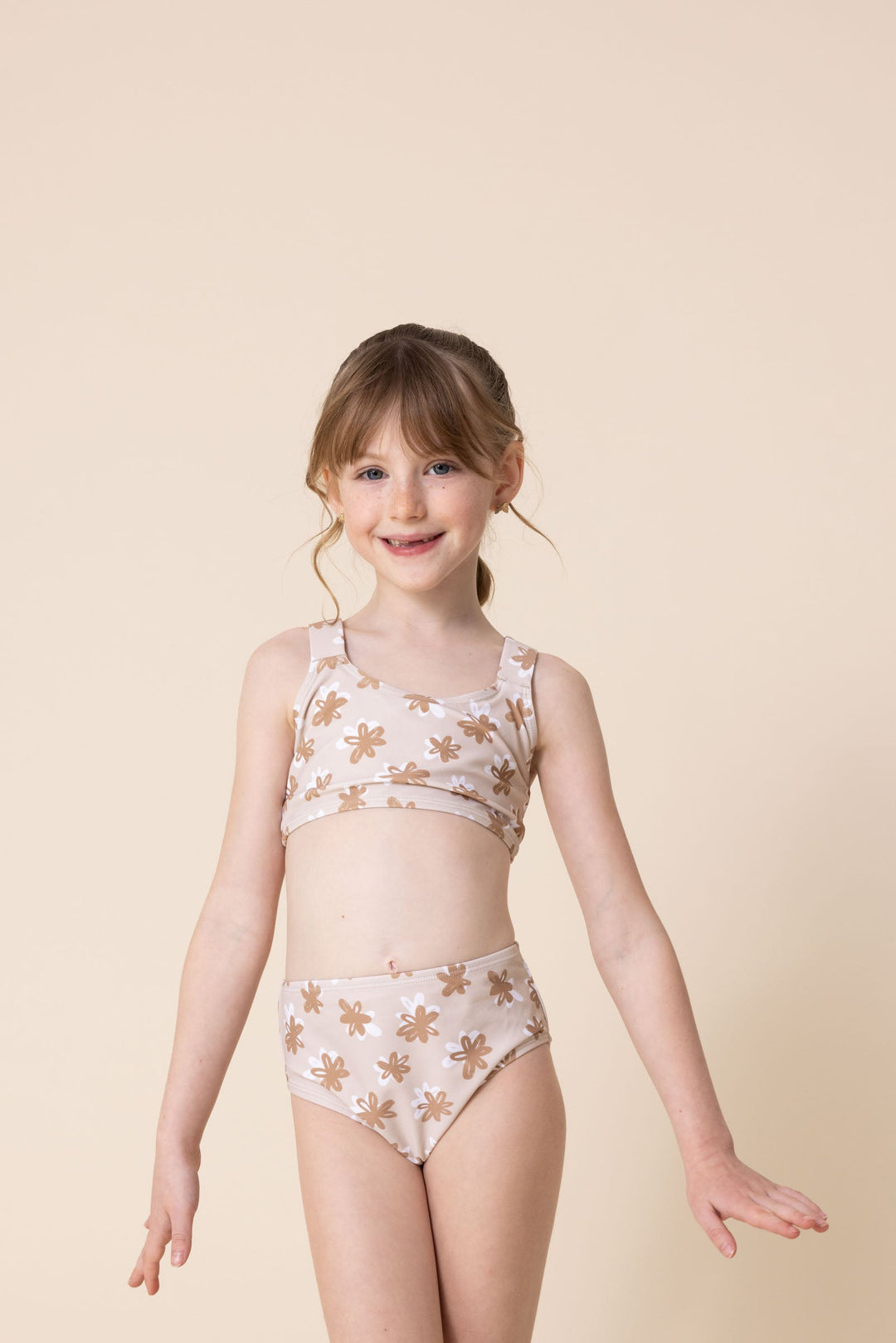 Brown & White Floral Print 2pc Girl Swimsuit (size Run Small, Go Up 2-3 Sizes)