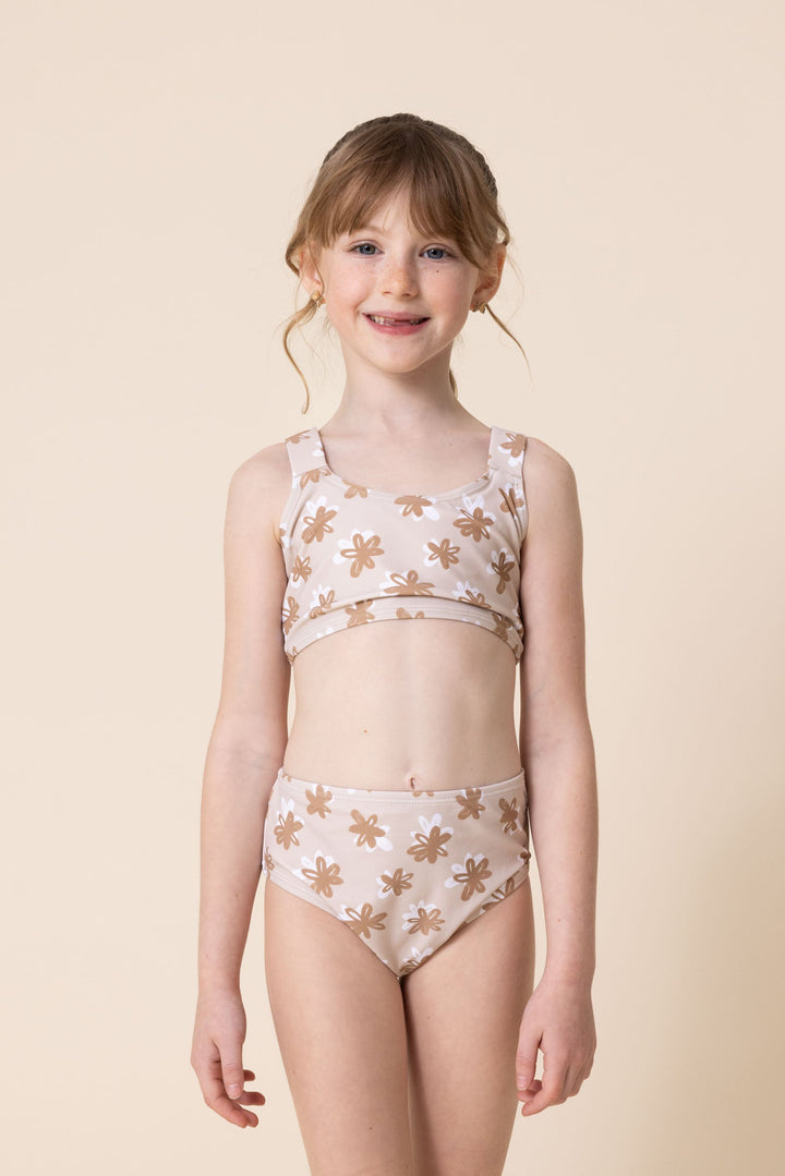 Brown & White Floral Print 2pc Girl Swimsuit (size Run Small, Go Up 2-3 Sizes)